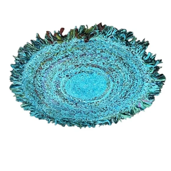 NWOT Handmade Braided Multi Color Block Rag Rug With Fringe Round Rug, - Picture 7 of 8